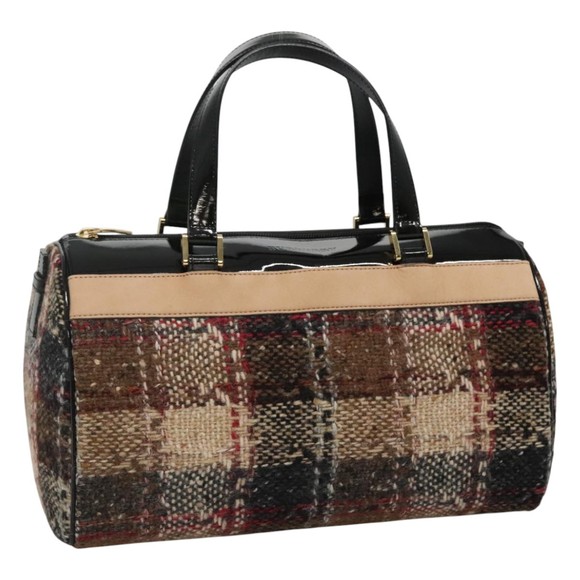 BURBERRY Nova Check Black label Boston Bag Wool Leather Beige Silver Auth hk2076 - Picture 1 of 16